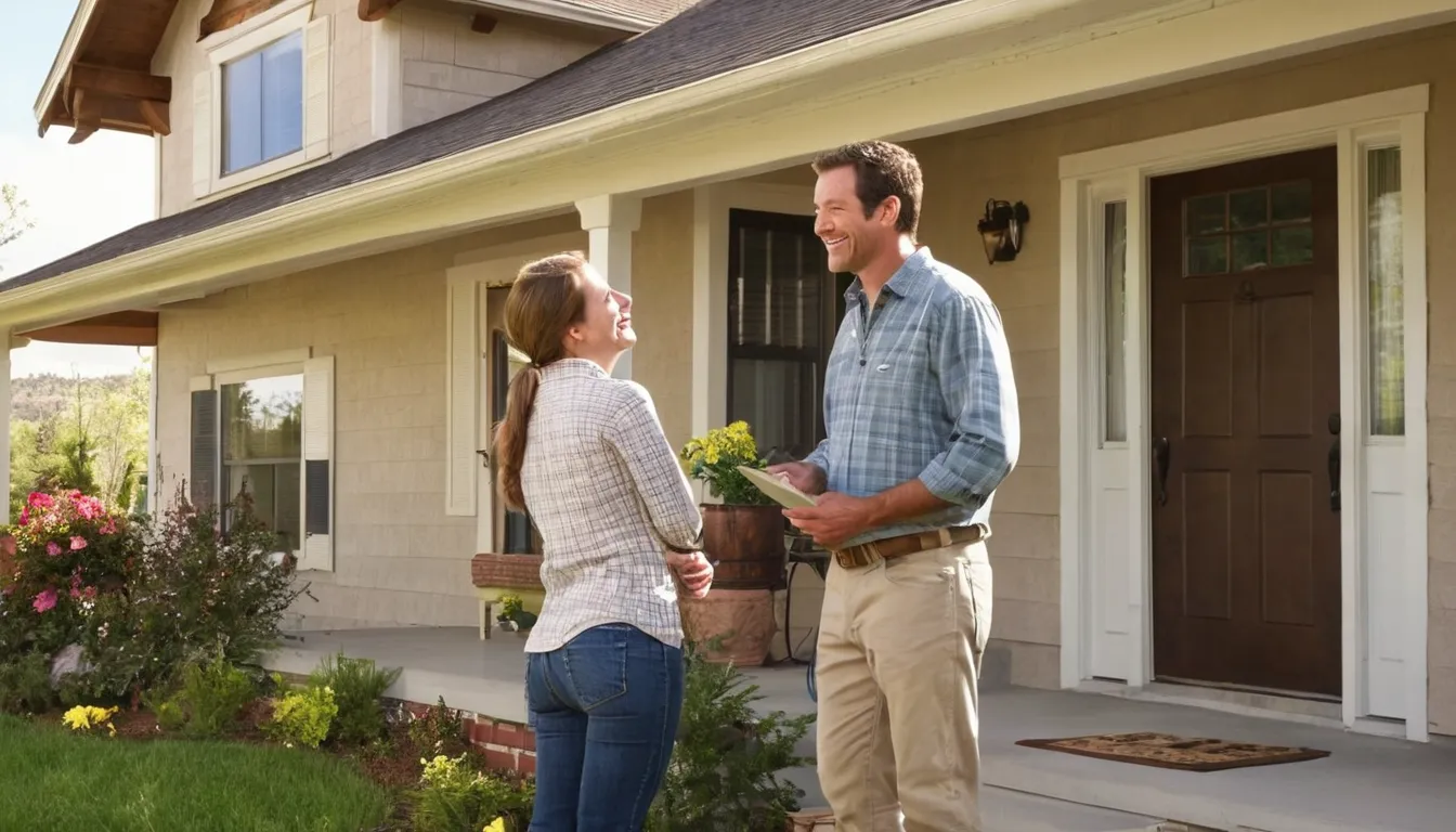 A homeowner chatting with a friendly pest provider at the front door of a frame house near Lone Tree